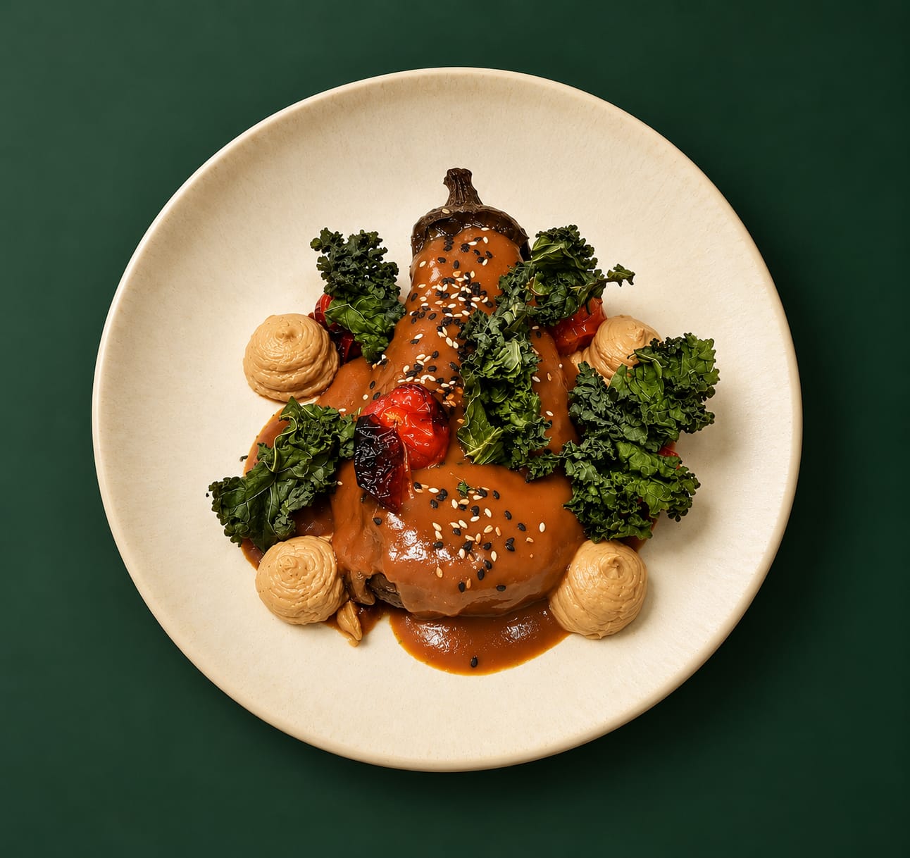 Berenjena asada con kale y crema de sésamo